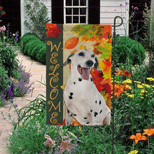 Load image into Gallery viewer, KafePross - Welcome Fall Dalmatian Dog Playing in the Maple Leaf Autumn Garden House Flag