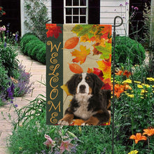 Load image into Gallery viewer, KafePross - Welcome Fall Bernese Mountain Dog Playing in the Maple Leaf Autumn Garden House Flag
