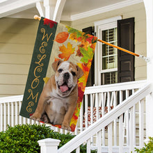 Load image into Gallery viewer, KafePross - Welcome Fall Bull Dog Playing in the Maple Leaf Autumn Garden House Flag