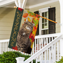Load image into Gallery viewer, KafePross - Welcome Fall Cat Playing in the Maple Leaf Autumn Garden House Flag