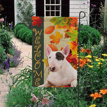 Load image into Gallery viewer, KafePross - Welcome Fall Bull Dog Playing in the Maple Leaf Autumn Garden House Flag