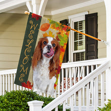 Load image into Gallery viewer, KafePross - Welcome Fall Cavalier King Charles Playing in the Maple Leaf Autumn Garden House Flag