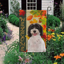Load image into Gallery viewer, KafePross - Welcome Fall Labradoodle Playing in the Maple Leaf Autumn Garden House Flag