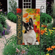 Load image into Gallery viewer, KafePross - Welcome Fall Bull Dog Playing in the Maple Leaf Autumn Garden House Flag
