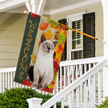 Load image into Gallery viewer, KafePross - Welcome Fall Cat Playing in the Maple Leaf Autumn Garden House Flag