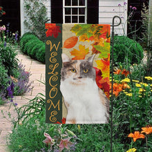 Load image into Gallery viewer, KafePross - Welcome Fall Cat Playing in the Maple Leaf Autumn Garden House Flag