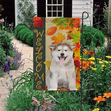 Load image into Gallery viewer, KafePross - Welcome Fall Alaskan Malamute Playing in the Maple Leaf Autumn Garden House Flag