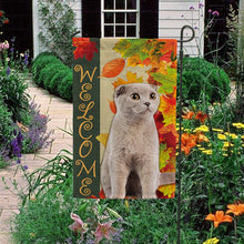 Load image into Gallery viewer, KafePross - Welcome Fall Cat Playing in the Maple Leaf Autumn Garden House Flag