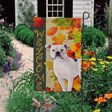 Load image into Gallery viewer, KafePross - Welcome Fall Bull Dog Playing in the Maple Leaf Autumn Garden House Flag
