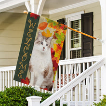 Load image into Gallery viewer, KafePross - Welcome Fall Cat Playing in the Maple Leaf Autumn Garden House Flag