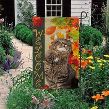 Load image into Gallery viewer, KafePross - Welcome Fall Cat Playing in the Maple Leaf Autumn Garden House Flag