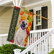 Load image into Gallery viewer, KafePross - Welcome Fall Bull Dog Playing in the Maple Leaf Autumn Garden House Flag