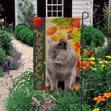Load image into Gallery viewer, KafePross - Welcome Fall Cat Playing in the Maple Leaf Autumn Garden House Flag