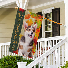 Load image into Gallery viewer, KafePross - Welcome Fall Welsh Corgi Pembroke Playing in the Maple Leaf Autumn Garden House Flag