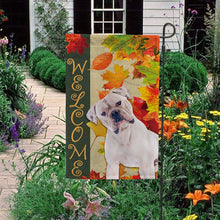 Load image into Gallery viewer, KafePross - Welcome Fall Bull Dog Playing in the Maple Leaf Autumn Garden House Flag