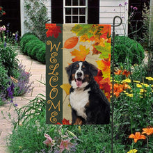Load image into Gallery viewer, KafePross - Welcome Fall Bernese Mountain Dog Playing in the Maple Leaf Autumn Garden House Flag