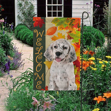 Load image into Gallery viewer, KafePross - Welcome Fall English Setter Playing in the Maple Leaf Autumn Garden House Flag