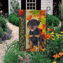 Load image into Gallery viewer, KafePross - Welcome Fall Doberman Playing in the Maple Leaf Autumn Garden House Flag