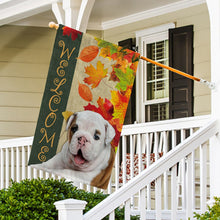 Load image into Gallery viewer, KafePross - Welcome Fall Bull Dog Playing in the Maple Leaf Autumn Garden House Flag
