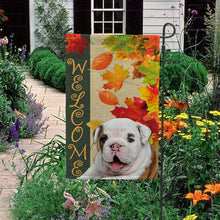 Load image into Gallery viewer, KafePross - Welcome Fall Bull Dog Playing in the Maple Leaf Autumn Garden House Flag