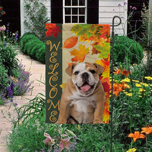 Load image into Gallery viewer, KafePross - Welcome Fall Bull Dog Playing in the Maple Leaf Autumn Garden House Flag