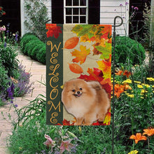 Load image into Gallery viewer, KafePross - Welcome Fall Spitz Dog Playing in the Maple Leaf Autumn Garden House Flag