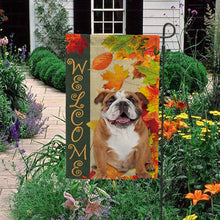 Load image into Gallery viewer, KafePross - Welcome Fall Bull Dog Playing in the Maple Leaf Autumn Garden House Flag