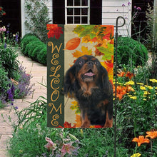 Load image into Gallery viewer, KafePross - Welcome Fall Cavalier King Charles Playing in the Maple Leaf Autumn Garden House Flag