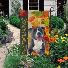 Load image into Gallery viewer, KafePross - Welcome Fall American Staffordshire Terrier Playing in the Maple Leaf Autumn Garden House Flag