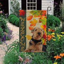 Load image into Gallery viewer, KafePross - Welcome Fall Airedale Playing in the Maple Leaf Autumn Garden House Flag