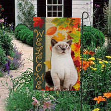Load image into Gallery viewer, KafePross - Welcome Fall Cat Playing in the Maple Leaf Autumn Garden House Flag