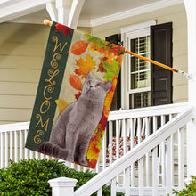 Load image into Gallery viewer, KafePross - Welcome Fall Cat Playing in the Maple Leaf Autumn Garden House Flag
