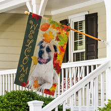 Load image into Gallery viewer, KafePross - Welcome Fall Bull Dog Playing in the Maple Leaf Autumn Garden House Flag