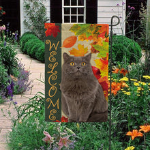 Load image into Gallery viewer, KafePross - Welcome Fall Cat Playing in the Maple Leaf Autumn Garden House Flag