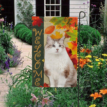 Load image into Gallery viewer, KafePross - Welcome Fall Cat Playing in the Maple Leaf Autumn Garden House Flag