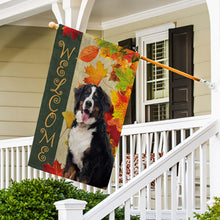 Load image into Gallery viewer, KafePross - Welcome Fall Bernese Mountain Dog Playing in the Maple Leaf Autumn Garden House Flag