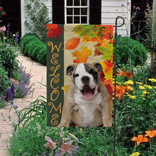 Load image into Gallery viewer, KafePross - Welcome Fall Bull Dog Playing in the Maple Leaf Autumn Garden House Flag