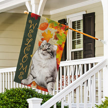 Load image into Gallery viewer, KafePross - Welcome Fall Cat Playing in the Maple Leaf Autumn Garden House Flag