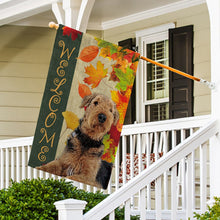Load image into Gallery viewer, KafePross - Welcome Fall Airedale Playing in the Maple Leaf Autumn Garden House Flag