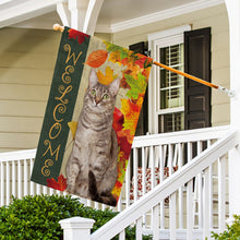 Load image into Gallery viewer, KafePross - Welcome Fall Cat Playing in the Maple Leaf Autumn Garden House Flag