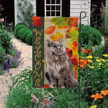 Load image into Gallery viewer, KafePross - Welcome Fall Cat Playing in the Maple Leaf Autumn Garden House Flag
