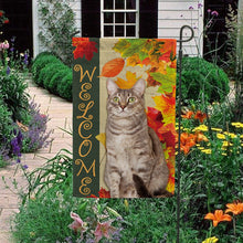 Load image into Gallery viewer, KafePross - Welcome Fall Cat Playing in the Maple Leaf Autumn Garden House Flag