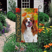 Load image into Gallery viewer, KafePross - Welcome Fall Cavalier King Charles Playing in the Maple Leaf Autumn Garden House Flag