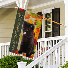 Load image into Gallery viewer, KafePross - Welcome Fall Cat Playing in the Maple Leaf Autumn Garden House Flag
