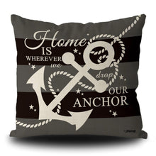 Load image into Gallery viewer, KafePross Nautical Navy Blue Anchor Rustic Pillow Case Home is Where We Drop Our Anthor Summer Seasonal Decor Throw Cushion Cover Linen Square PillowCase for Sofa Couch