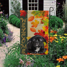 Load image into Gallery viewer, KafePross - Welcome Fall Bull Dog Playing in the Maple Leaf Autumn Garden House Flag