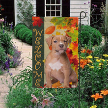 Load image into Gallery viewer, KafePross - Welcome Fall American Staffordshire Terrier Playing in the Maple Leaf Autumn Garden House Flag