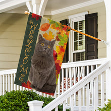 Load image into Gallery viewer, KafePross - Welcome Fall Cat Playing in the Maple Leaf Autumn Garden House Flag
