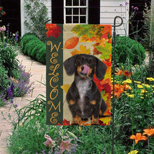 Load image into Gallery viewer, KafePross - Welcome Fall Dachshund Playing in the Maple Leaf Autumn Garden House Flag