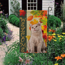 Load image into Gallery viewer, KafePross - Welcome Fall Cat Playing in the Maple Leaf Autumn Garden House Flag